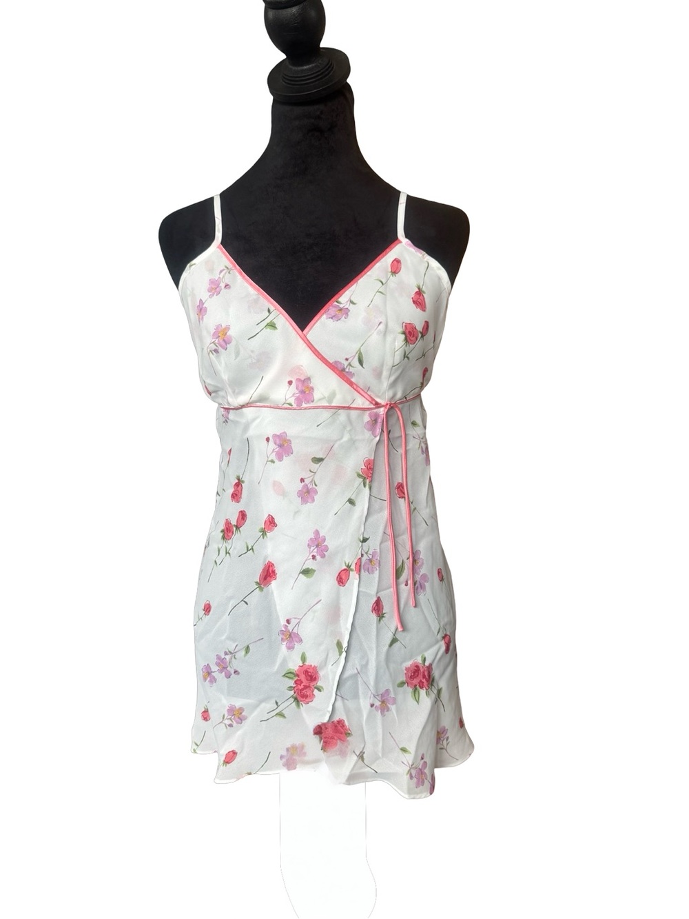 Y2K Baby doll top by C.R.U.Z size L in white with‎ floral print -pink bow